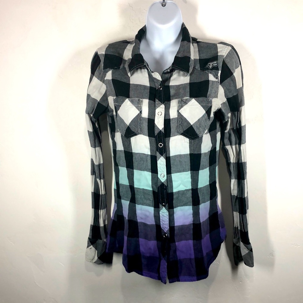 Fox black & white plaid snap button shirt size xs